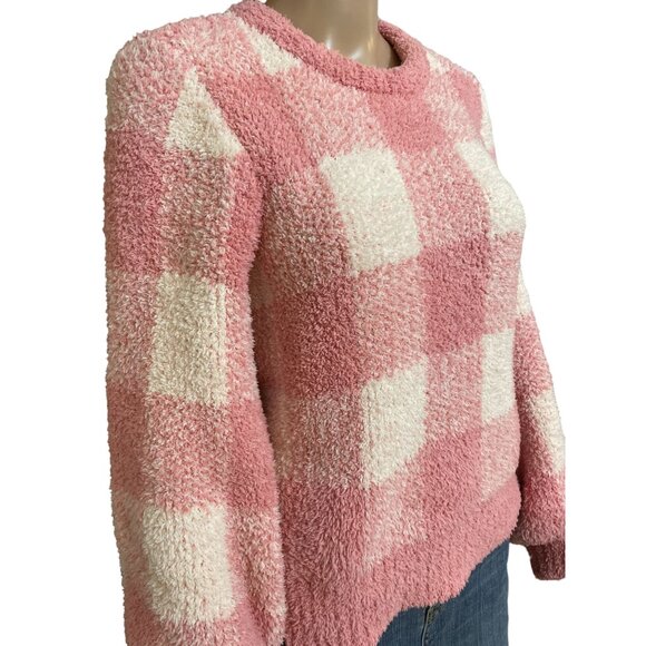 LC Lauren Conrad Plaid Pink White Fuzzy Sweatshirt Size Medium - Picture 2 of 3
